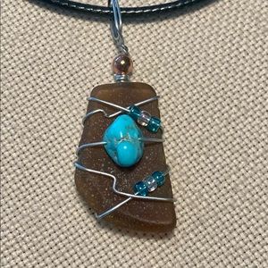 Wire Wrapped Sea Glass Turquoise Stacked Pendant Necklace